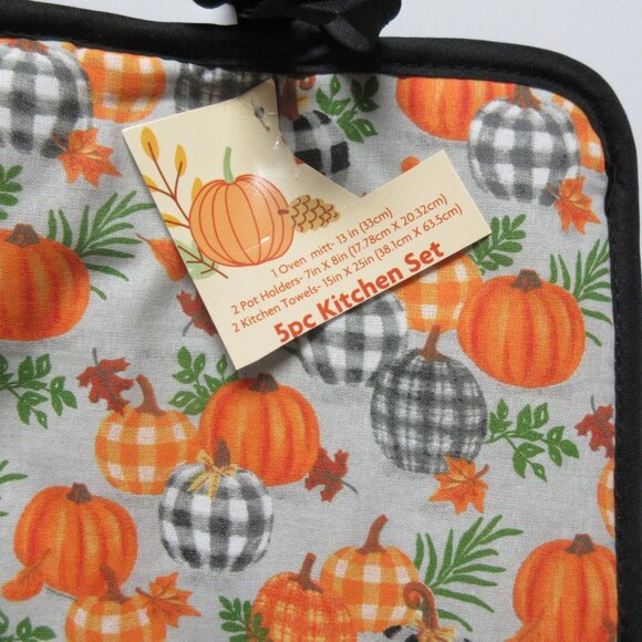 Fall Pumpkin Kitchen Set Dish Towel Pot Holder Oven Mitt Fall Autumn 5 pc set - Picture 3 of 3